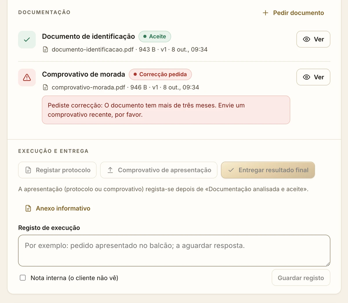 Painel de atendimento: documentação com um documento aceito e outro com correção pedida, e a área de execução e entrega