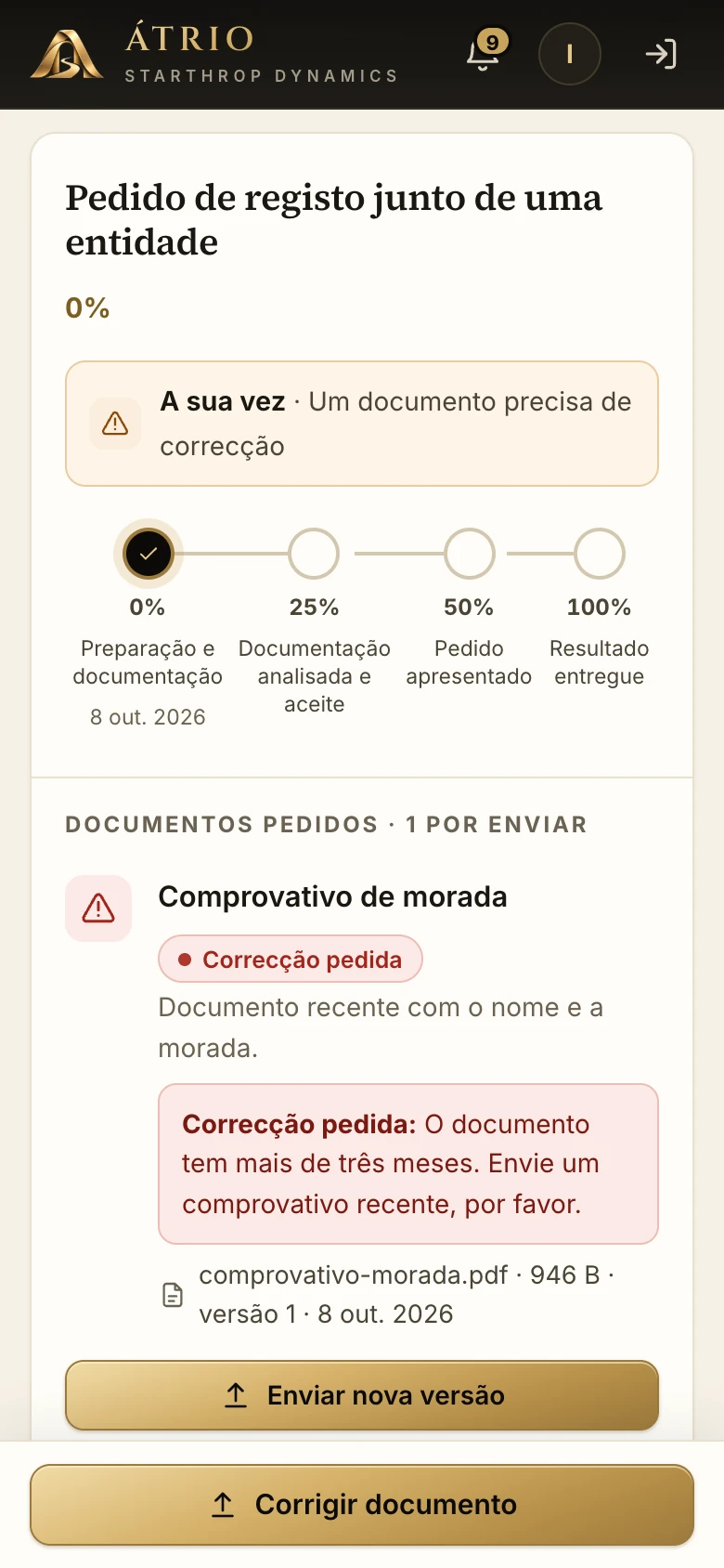 Tela de um serviço: marcos de progresso e um comprovante de endereço com correção pedida, com o motivo escrito e o botão para enviar nova versão