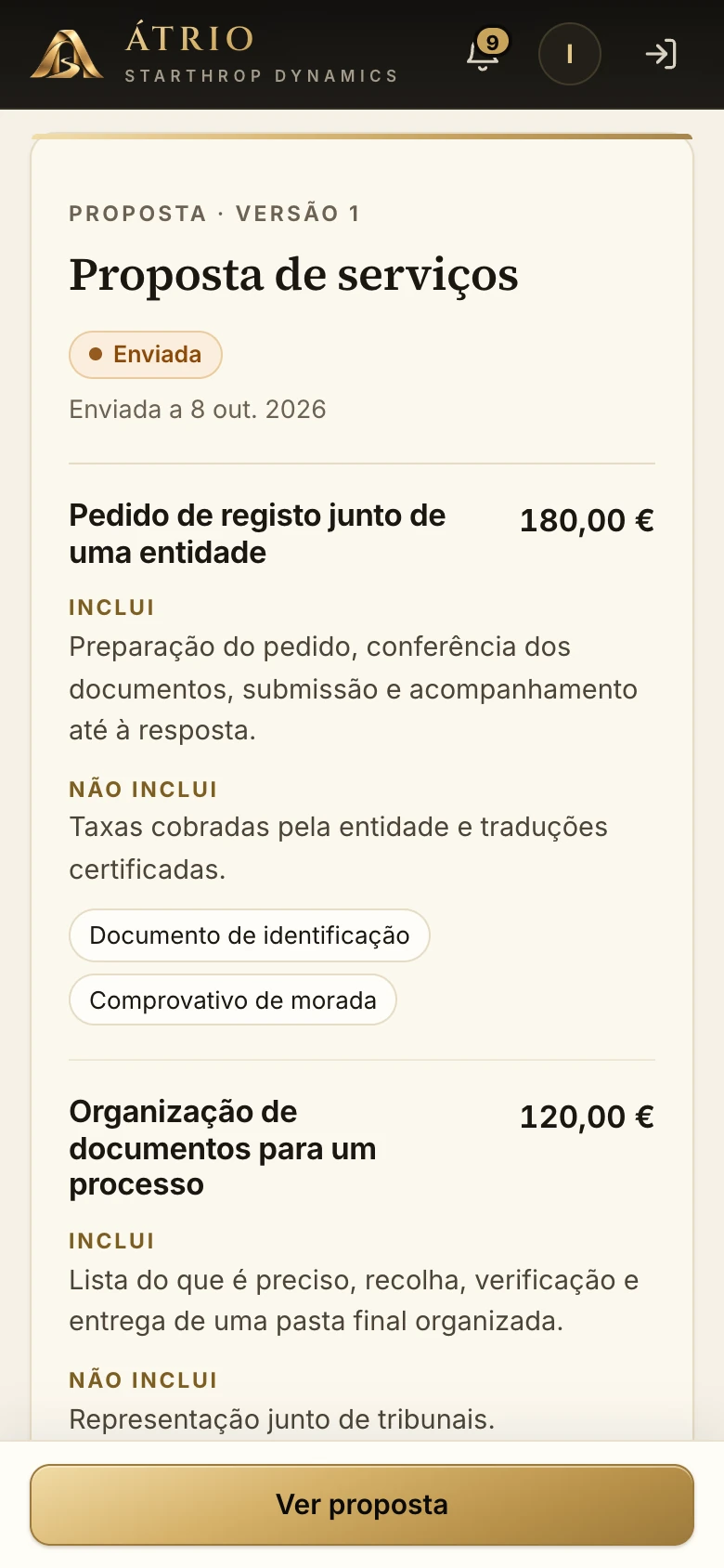 Tela da proposta: um serviço com o que inclui, o que não inclui e os documentos pedidos, e os botões para aceitar, pedir esclarecimento ou recusar