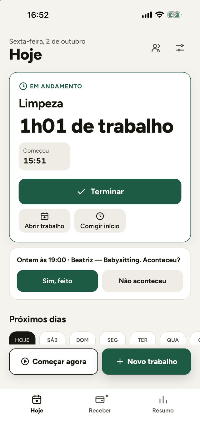 Trabalho em andamento: limpeza, 1h01 de trabalho, começou às 15:51, botão Terminar
