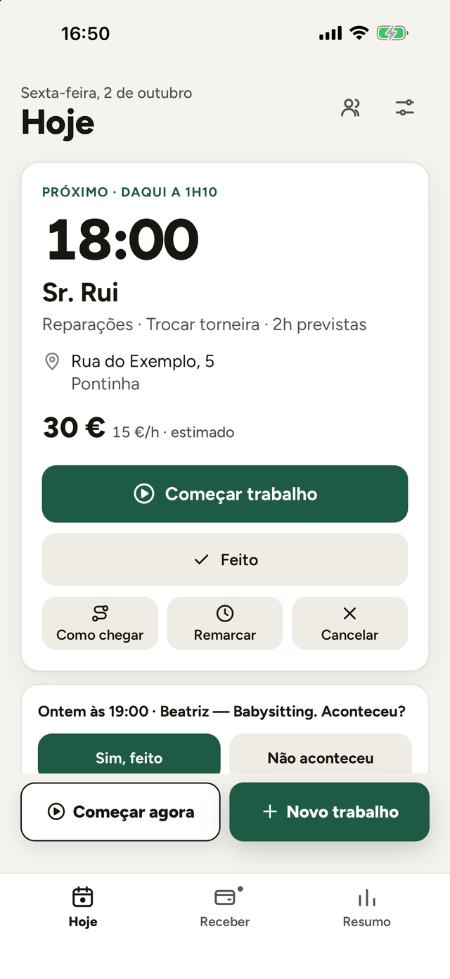 Ecrã Hoje do Combinado: próximo trabalho às 18:00, Sr. Rui, reparações, morada, 15 € por hora e botão Começar trabalho