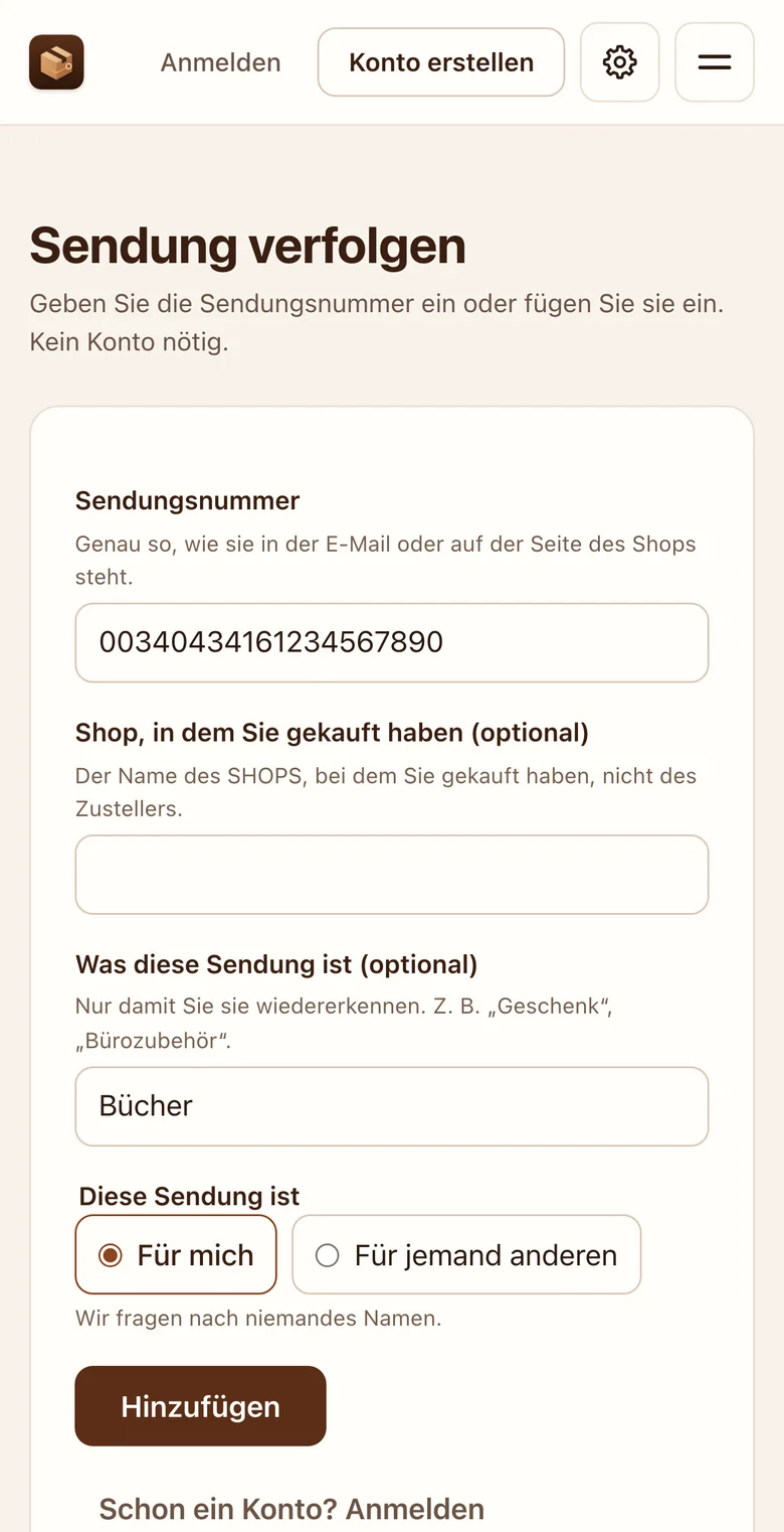 Startbildschirm der App: eine Sendung per eingefügter Sendungsnummer verfolgen, ohne Konto; Shop und Beschreibung sind optional