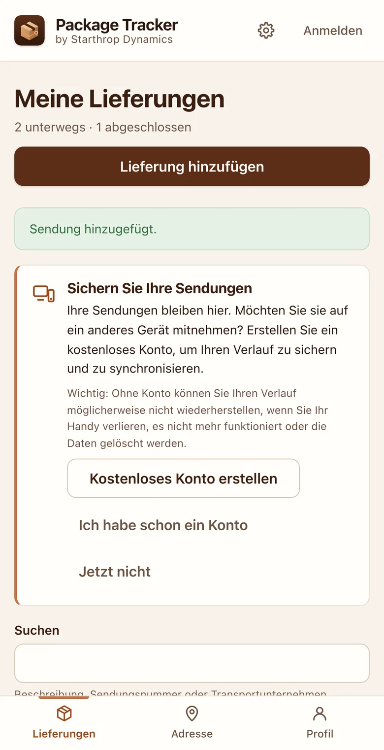 Ansicht der Lieferungen: Schaltfläche zum Hinzufügen, freiwillige Einladung zu einem kostenlosen Konto, Suche und Filter nach Status