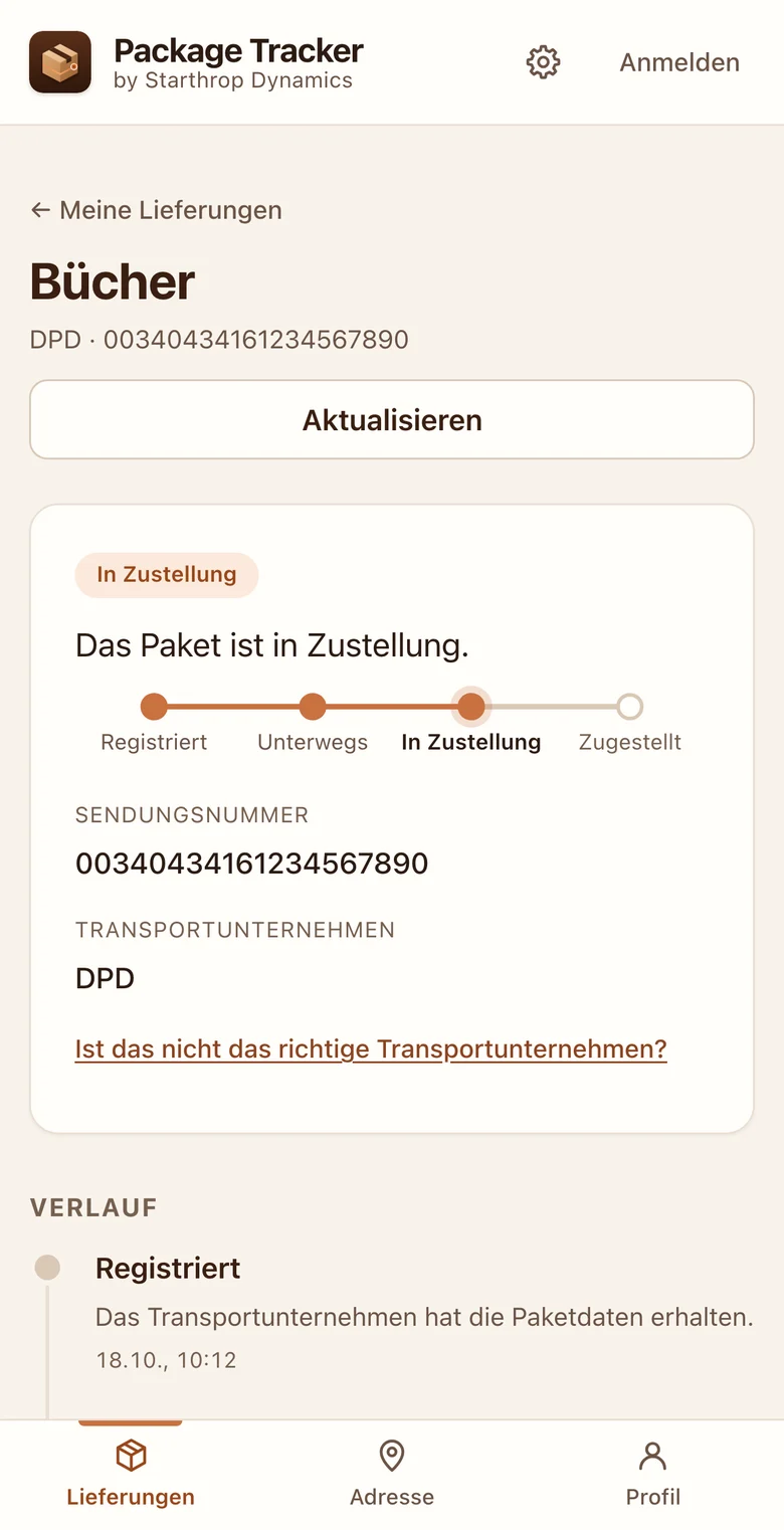 Verlaufsansicht einer Sendung: Status der Sendung, Etappenlinie, Sendungsnummer, Paketdienst und die Liste der Ereignisse mit Datum und Uhrzeit