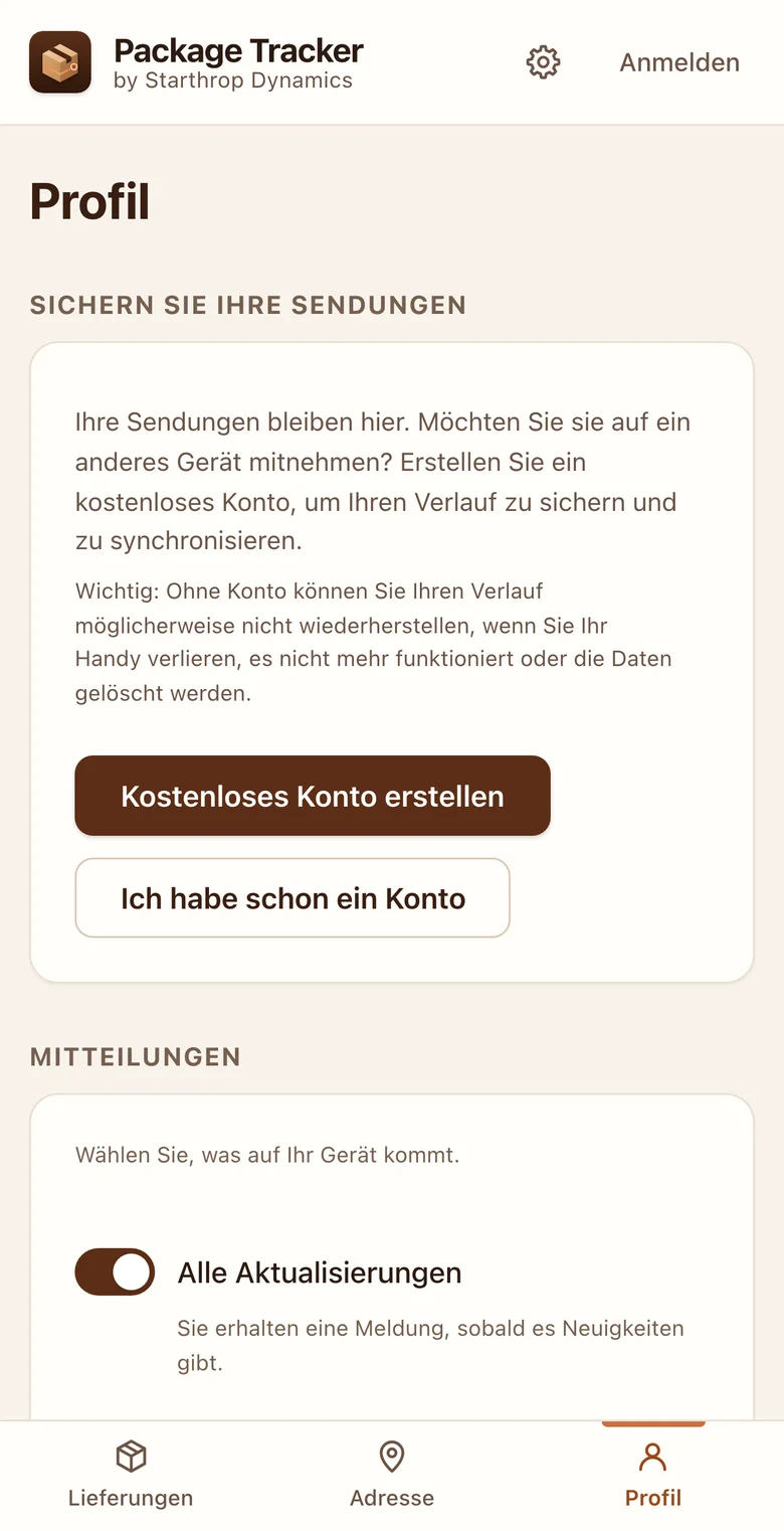 Profilansicht: Einladung, ein kostenloses Konto anzulegen oder sich anzumelden, und die Wahl der Mitteilungen nach Art