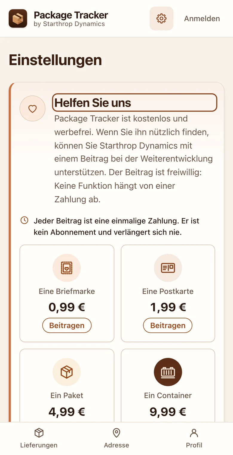 Ansicht „Package Tracker unterstützen“: die App ist kostenlos und ohne Werbung, vier freiwillige Beitragsbeträge und der Hinweis, dass ein Beitrag keine Funktion kauft