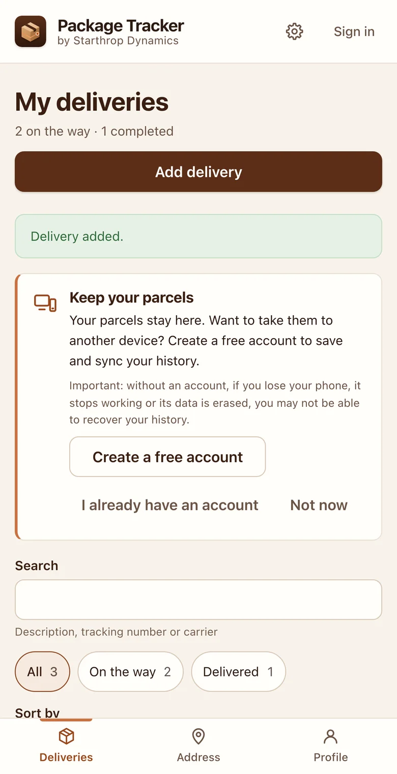 My deliveries screen: Add delivery button, an optional invitation to create a free account, search and the All, On the way and Delivered filters