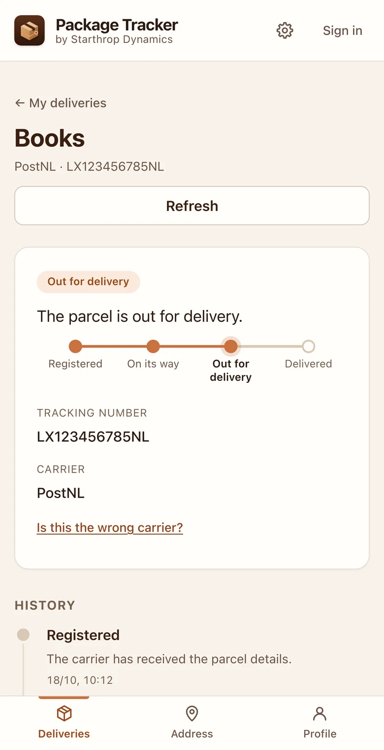 A parcel’s history screen: Out for delivery status, the step line, tracking number, carrier and the list of events with date and time