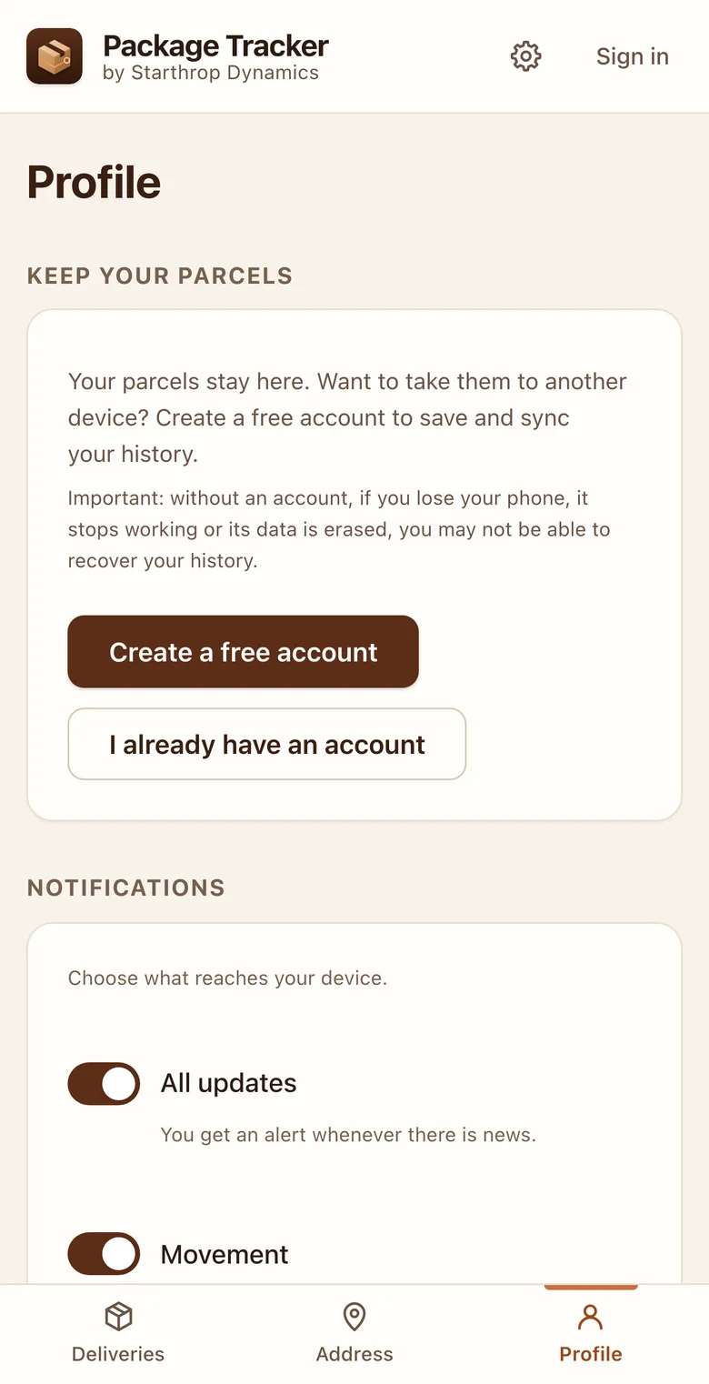 Profile screen: an invitation to create a free account or sign in, and notification choices by type