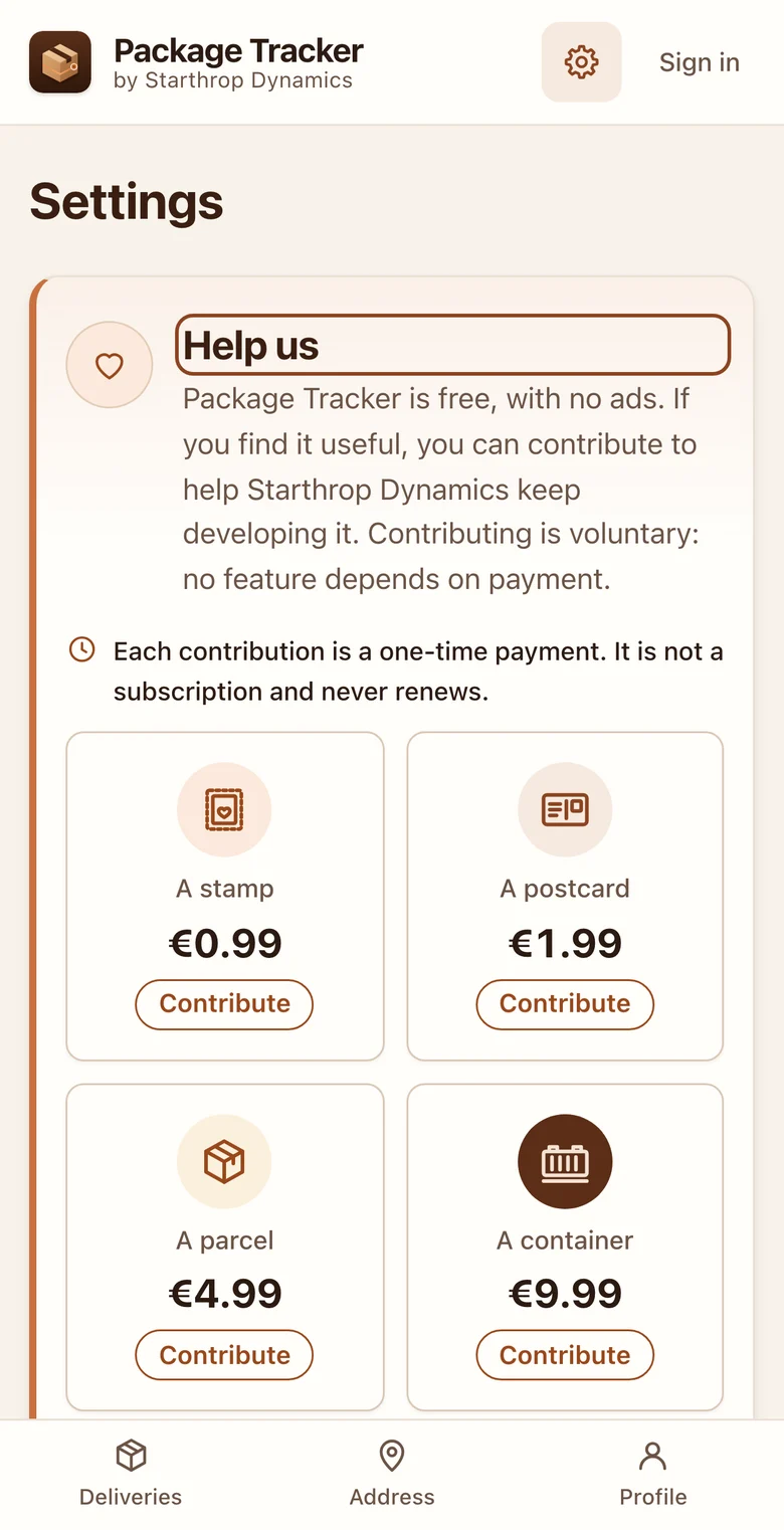 Support Package Tracker screen: the app is free with no ads, four voluntary contribution amounts and a note that a contribution buys no feature