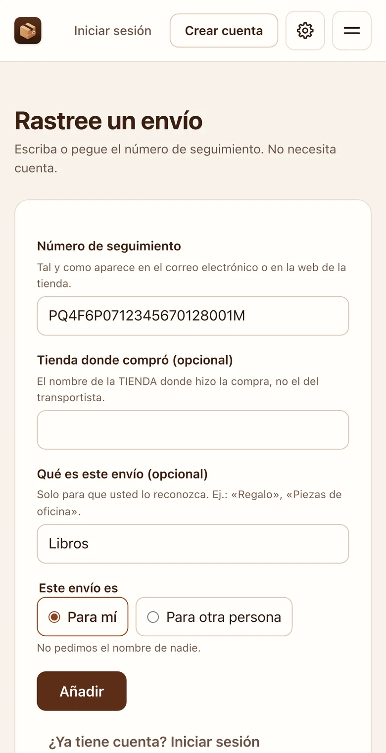 Pantalla de inicio de la aplicación: seguir un envío pegando el número de seguimiento, sin cuenta; la tienda y la descripción son opcionales