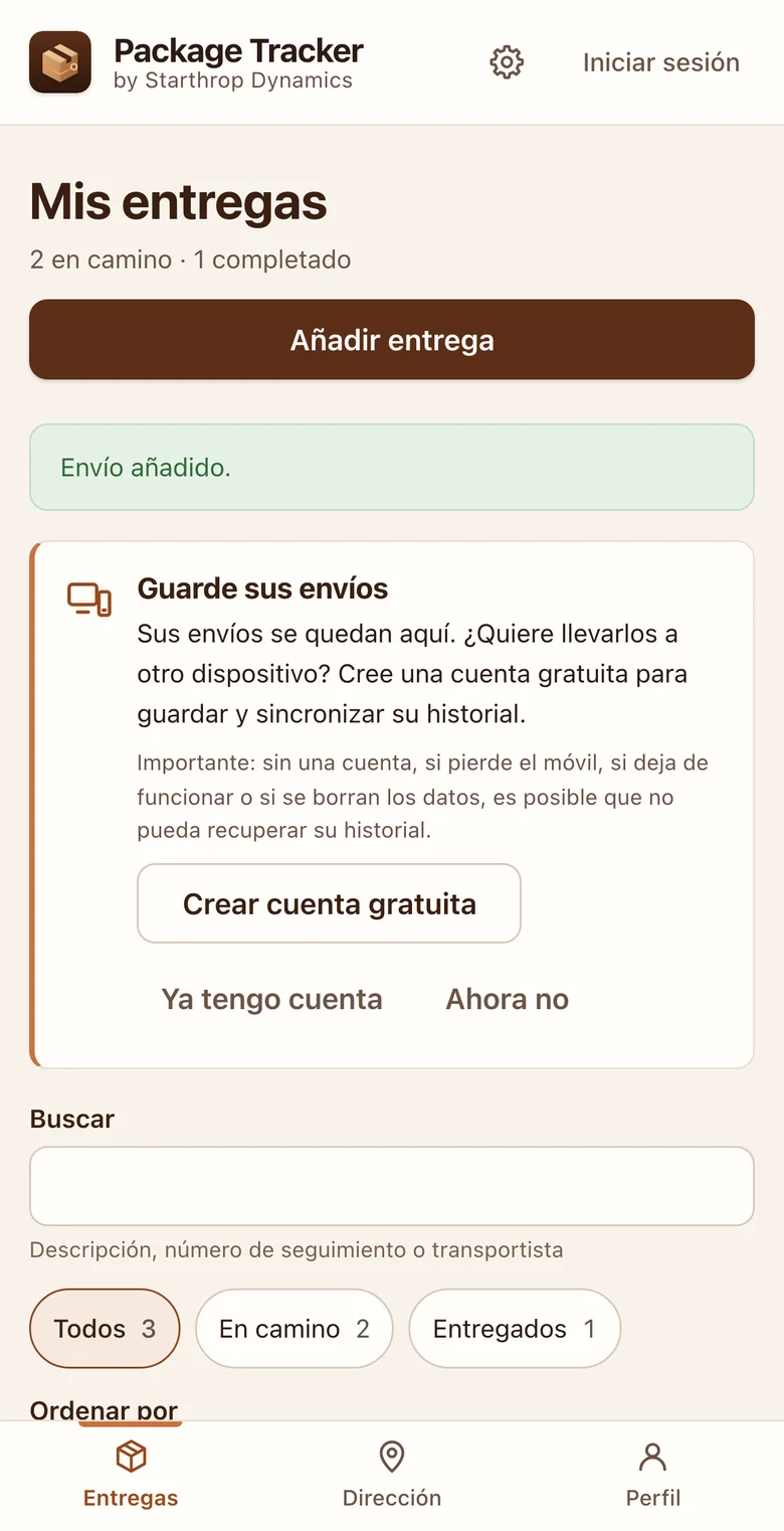 Pantalla de envíos: botón para añadir un envío, invitación opcional a crear una cuenta gratuita, búsqueda y filtros por estado