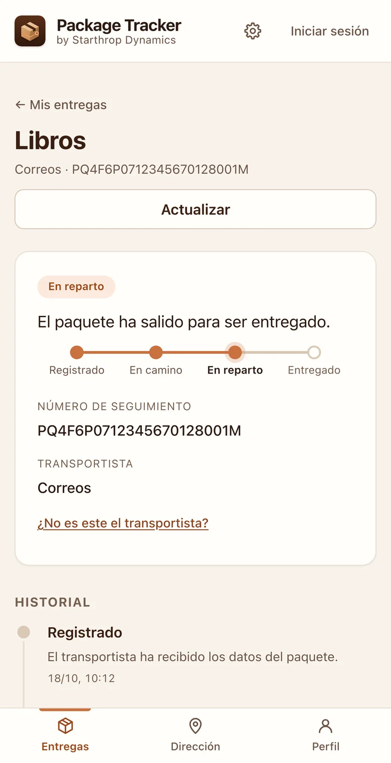 Pantalla del recorrido de un envío: estado del envío, línea de etapas, número de seguimiento, transportista y la lista de eventos con fecha y hora
