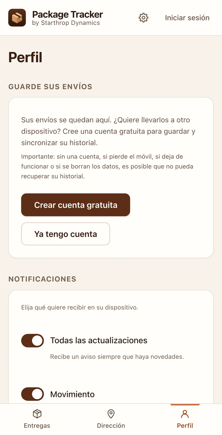 Pantalla de Perfil: invitación a crear una cuenta gratuita o iniciar sesión, y la elección de avisos por tipo