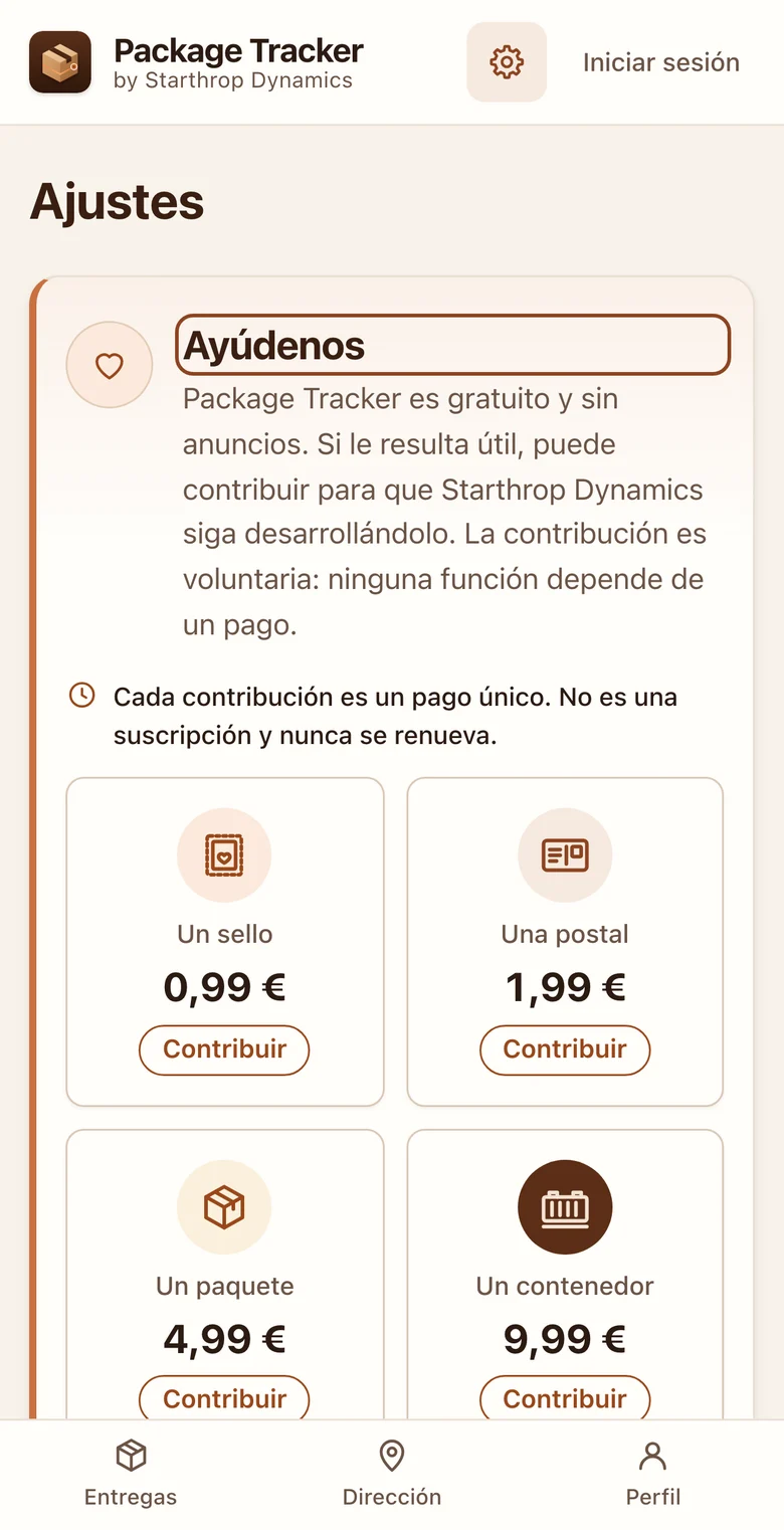 Pantalla para apoyar Package Tracker: la aplicación es gratuita y sin anuncios, cuatro importes de contribución voluntaria y la nota de que la contribución no compra ninguna función