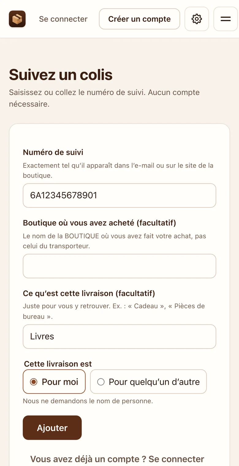 Écran d’accueil de l’application : suivre un colis en collant le numéro de suivi, sans compte ; la boutique et la description sont facultatives