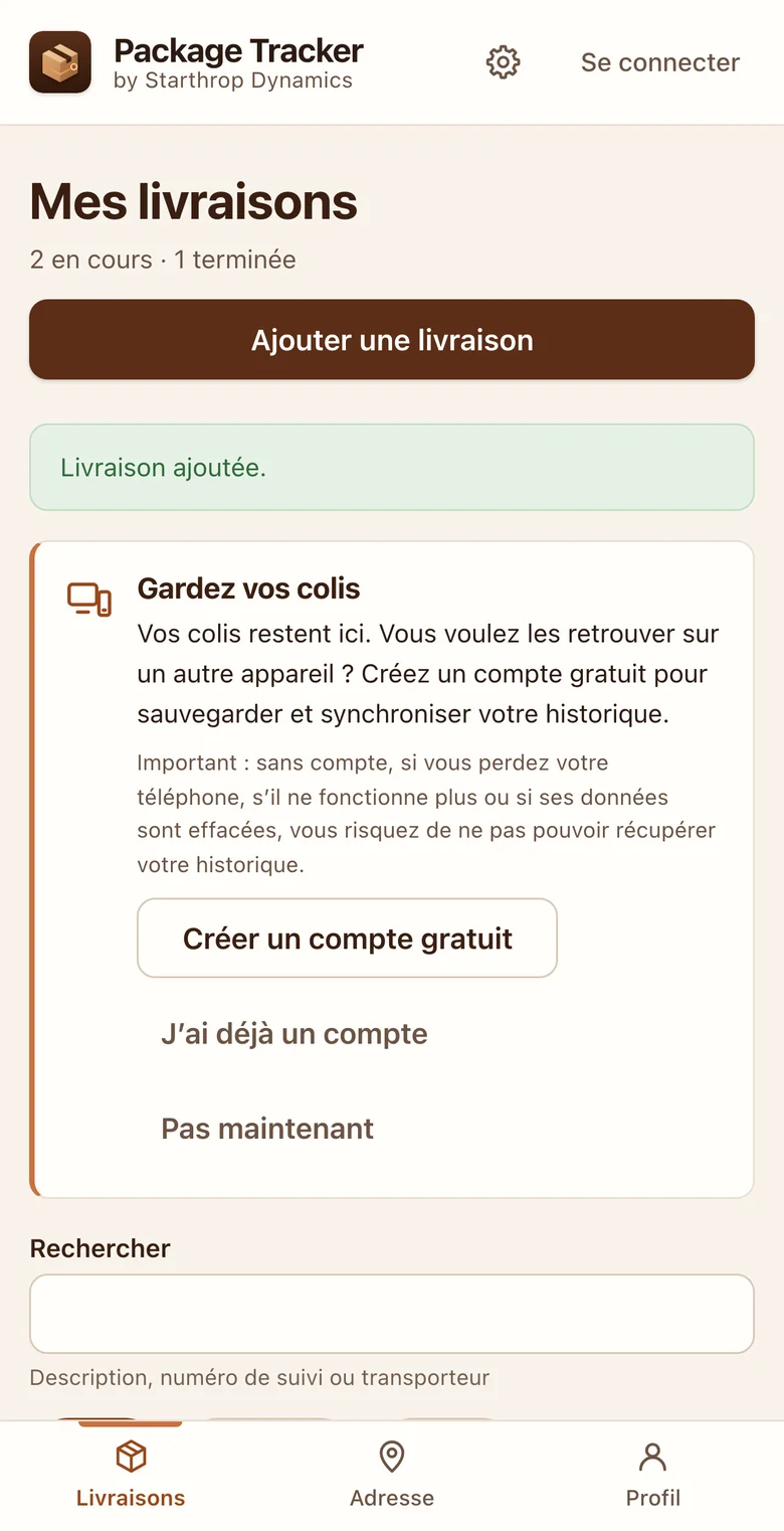 Écran des livraisons : bouton pour ajouter une livraison, invitation facultative à créer un compte gratuit, recherche et filtres par état