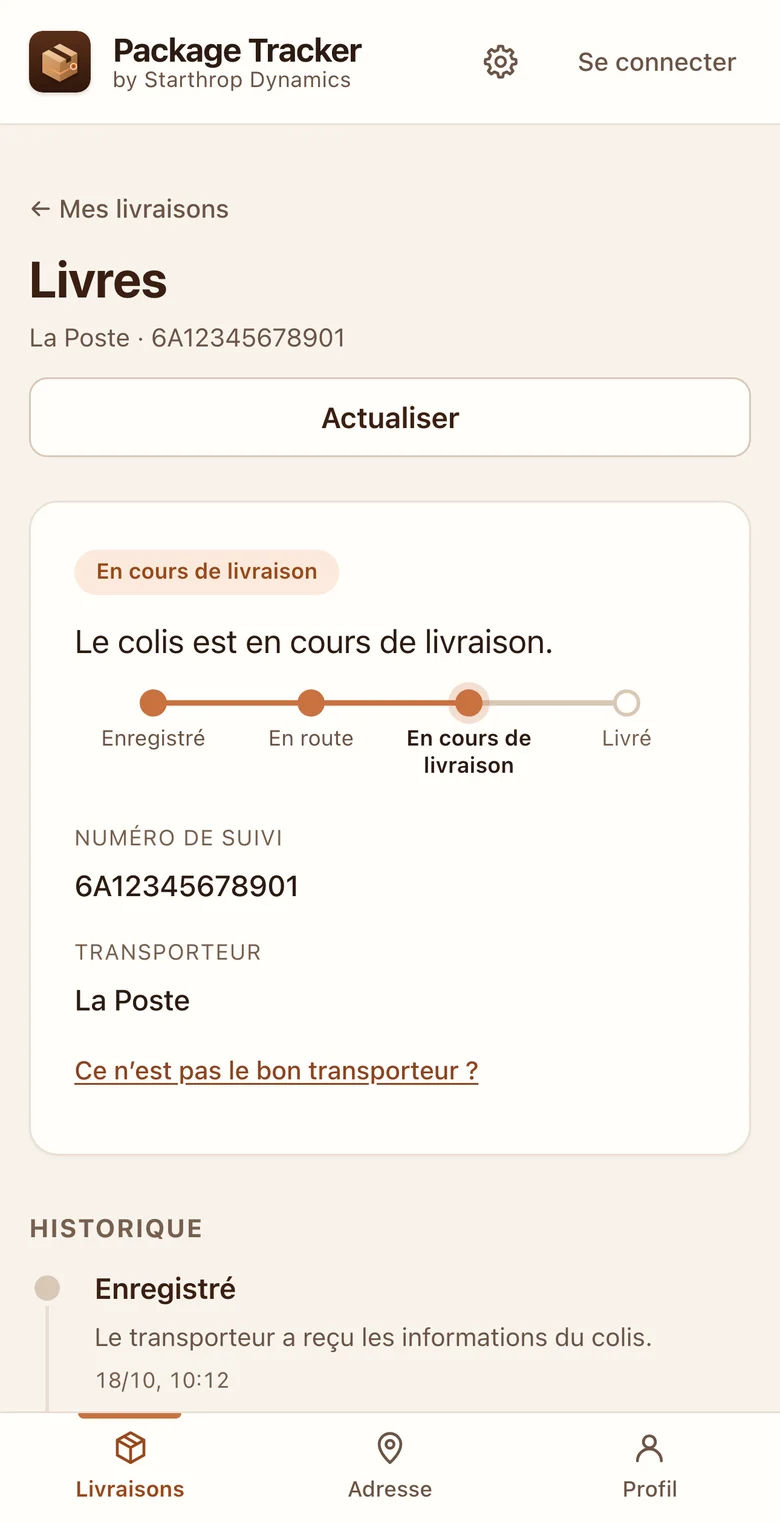 Écran du parcours d’un colis : état du colis, ligne des étapes, numéro de suivi, transporteur et liste des événements avec date et heure
