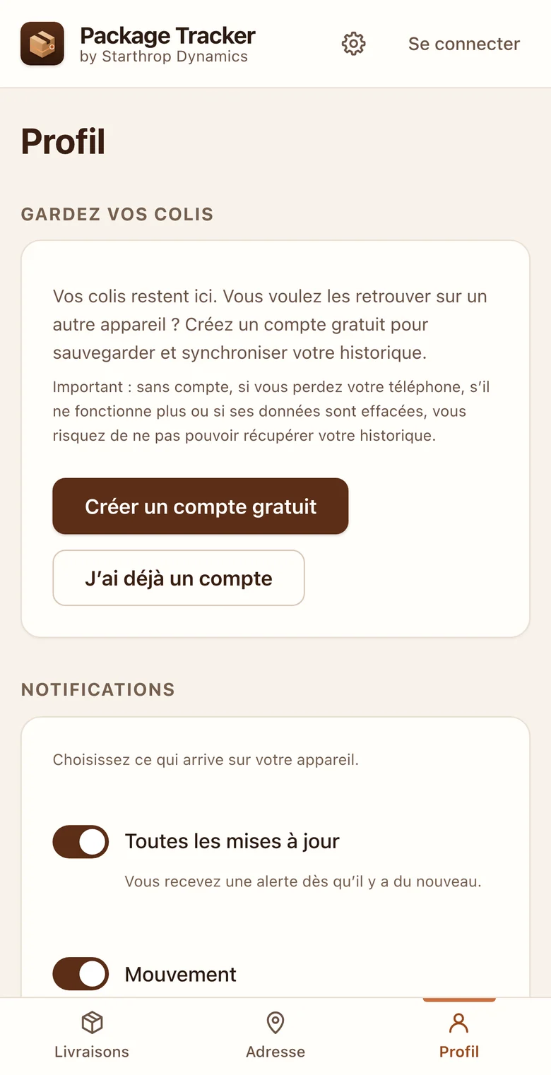 Écran du Profil : invitation à créer un compte gratuit ou à se connecter, et choix des notifications par type