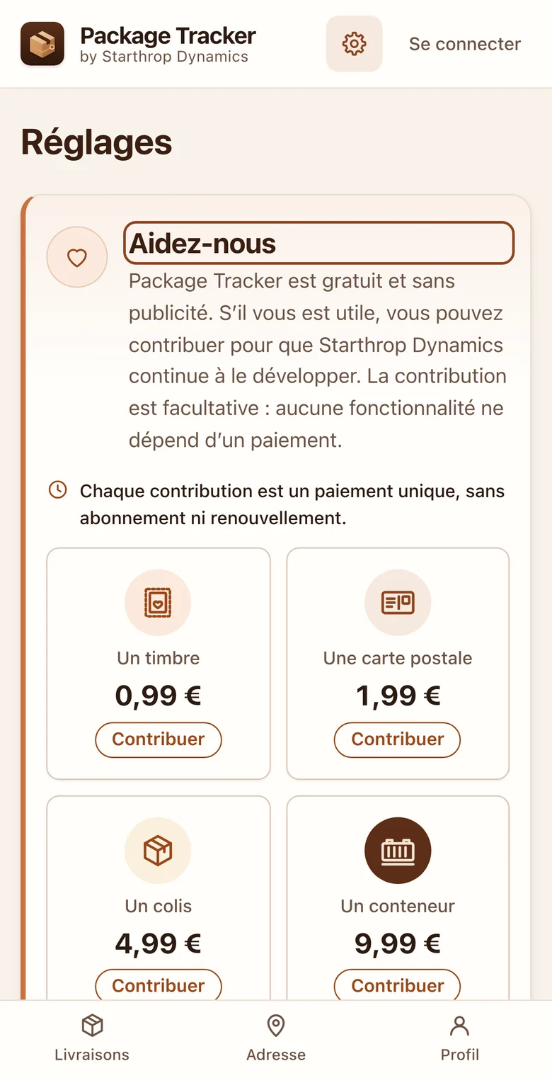 Écran pour soutenir Package Tracker : l’application est gratuite et sans publicité, quatre montants de contribution volontaire et la mention que la contribution n’achète aucune fonction
