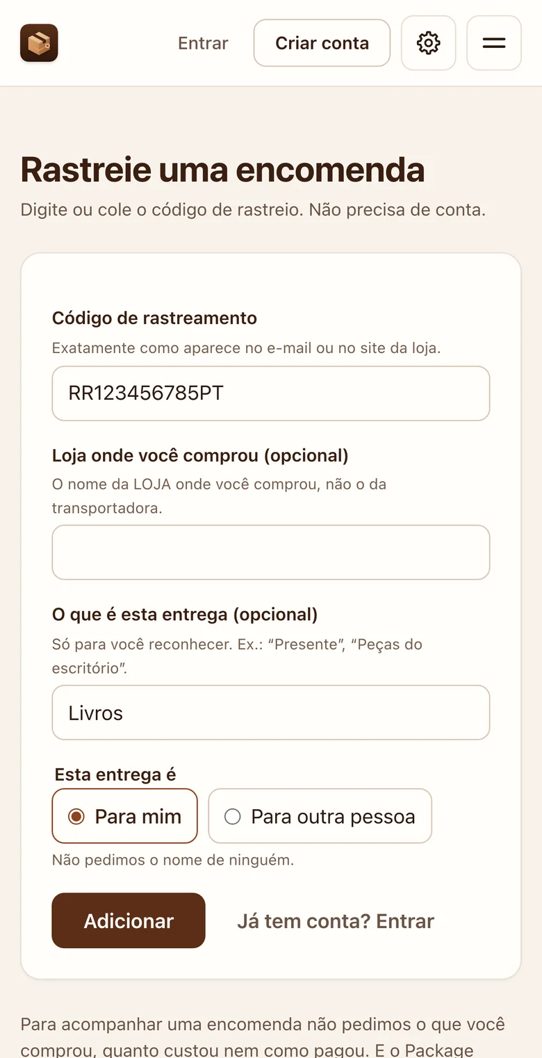 Tela inicial do app: rastrear uma encomenda colando o código de rastreio, sem precisar de conta; a loja e a descrição são opcionais