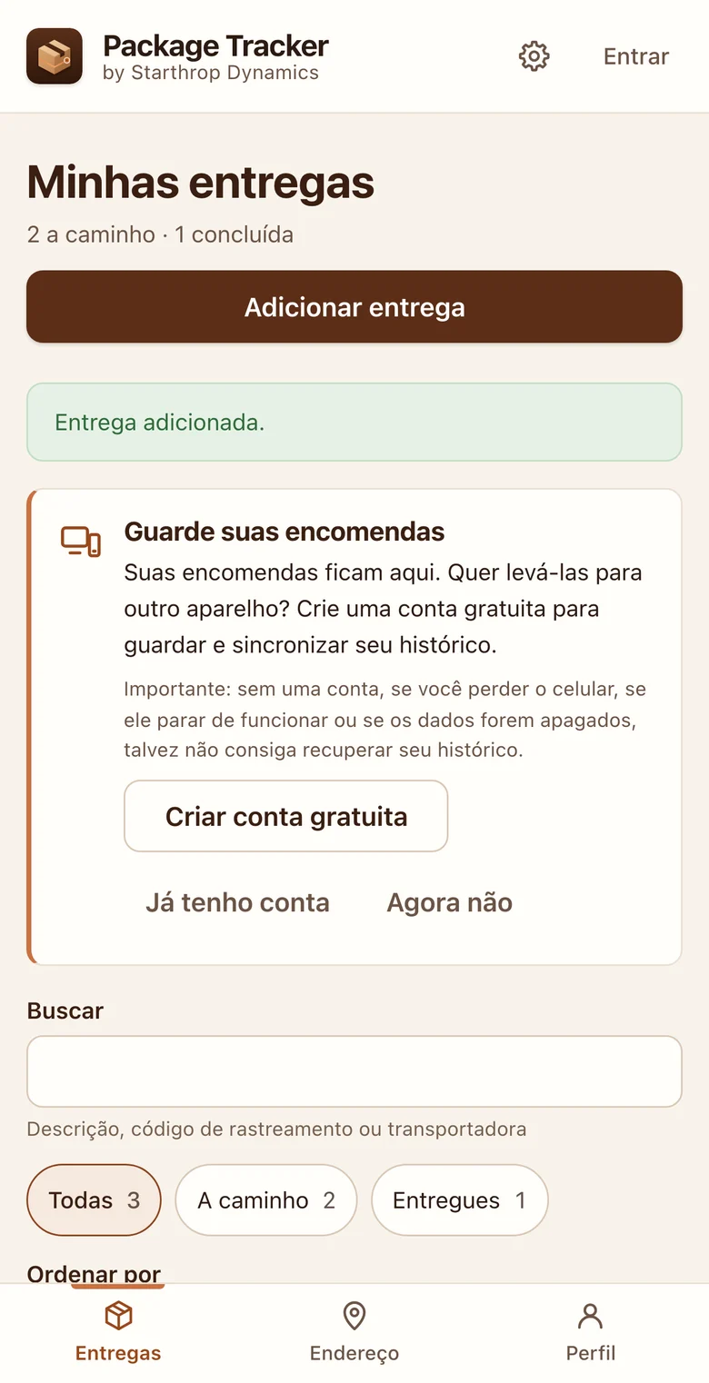 Tela Minhas entregas: botão para adicionar entrega, convite opcional para criar uma conta gratuita, busca e filtros Todas, A caminho e Entregues