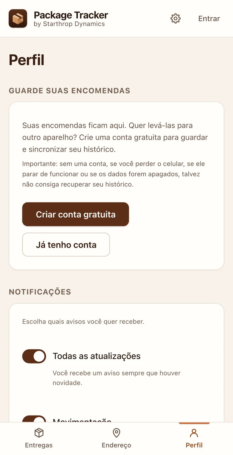 Tela de Perfil: convite para criar uma conta gratuita ou entrar, e a escolha dos avisos por tipo
