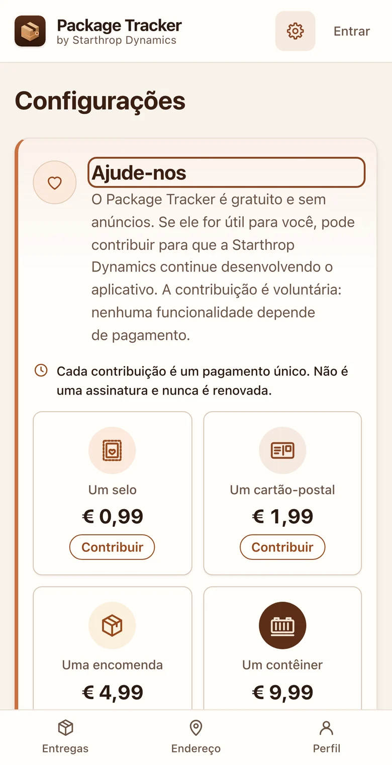 Tela Apoiar o Package Tracker: o app é gratuito e sem anúncios, quatro valores de contribuição voluntária e a nota de que a contribuição não compra nenhuma funcionalidade